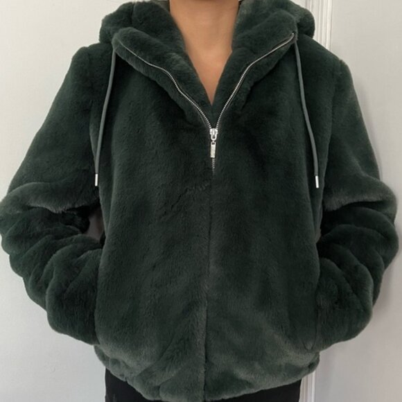 Rachel Zoe Faux Fur Bomber Jacket with Hood – Forest Green | Size XS - Picture 1 of 5